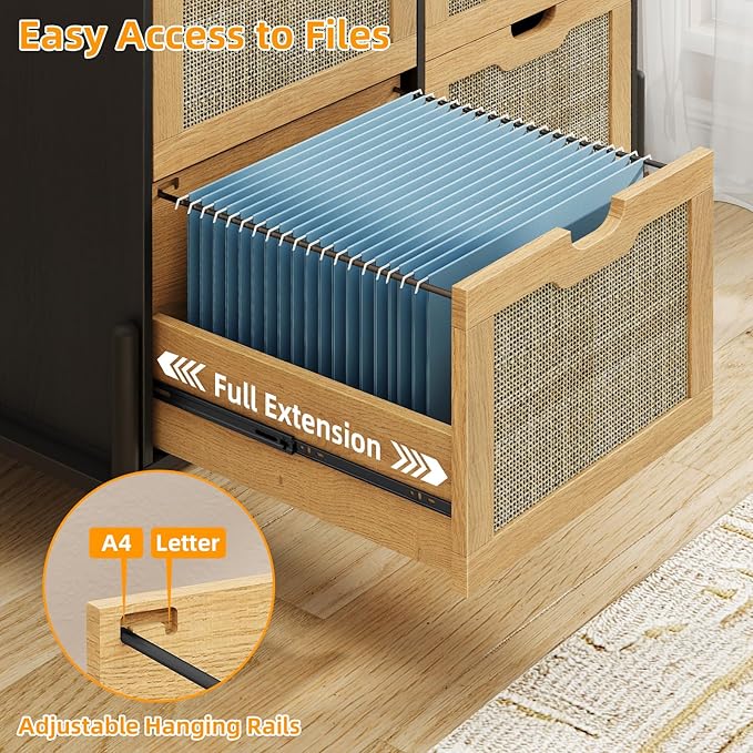 4 Drawer File Cabinet, Rattan Lateral Filing Cabinet Fits Files Letter or A4 Size, Wooden Printer Stand for Home Office, Oak and Black