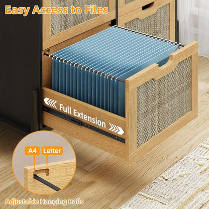 4 Drawer File Cabinet, Rattan Lateral Filing Cabinet Fits Files Letter or A4 Size, Wooden Printer Stand for Home Office, Oak and Black
