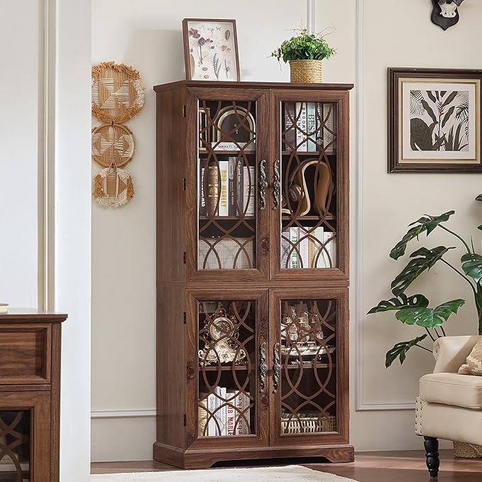 67" Tall Pantry Cabinet, Vintage Kitchen Pantries Cabinets with Glass Doors & Adjustable Shelves, Freestanding Wood Cupboard with Large Storage for Dingning Room, Bathroom, Brown
