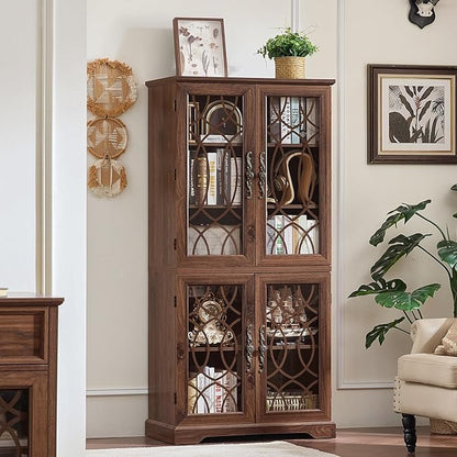67" Tall Pantry Cabinet, Vintage Kitchen Pantries Cabinets with Glass Doors & Adjustable Shelves, Freestanding Wood Cupboard with Large Storage for Dingning Room, Bathroom, Brown