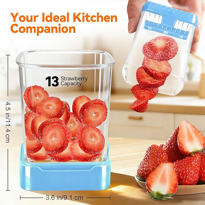 Fruit Slicer Cup for Strawberry, Banana, Hard-Boiled Egg - Detachable Cutter with Push Plate - Rapid & Safe Slicing Kitchen Gadget for Quick Meal Prep (Blue)