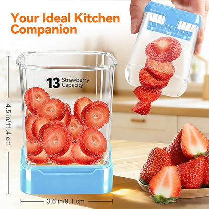 Fruit Slicer Cup for Strawberry, Banana, Hard-Boiled Egg - Detachable Cutter with Push Plate - Rapid & Safe Slicing Kitchen Gadget for Quick Meal Prep (Blue)