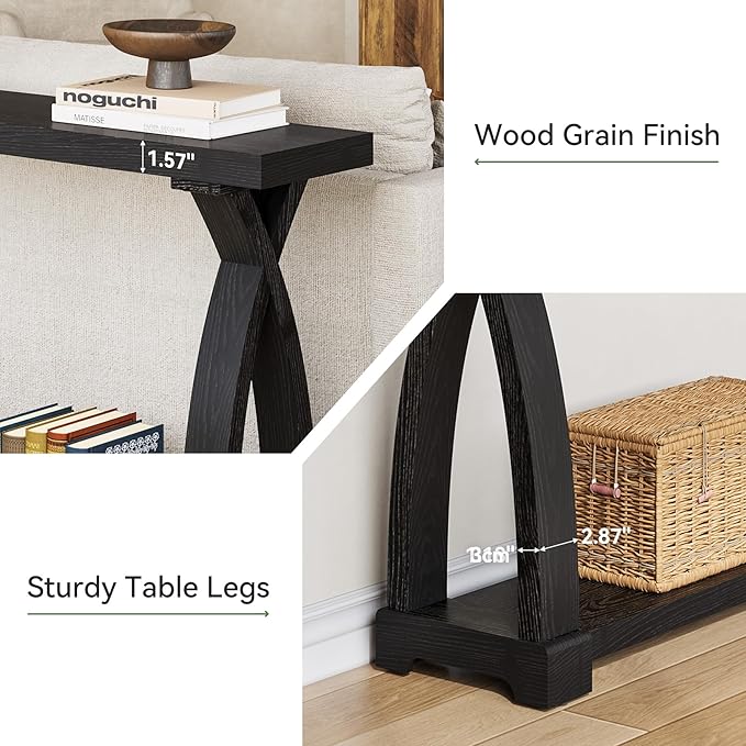 Solid Wood Console Table for Entryway, 63-Inch Narrow Farmhouse Couch Table Behind Sofa with 2-Tier Storage for Entrance, Foyer, Living Room, Long, Black (Black)