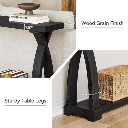 Solid Wood Console Table for Entryway, 63-Inch Narrow Farmhouse Couch Table Behind Sofa with 2-Tier Storage for Entrance, Foyer, Living Room, Long, Black (Black)