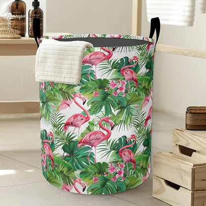 Tropical Flamingo Flower Laundry Hamper Large Canvas Fabric Lightweight Storage Basket/Dirty Clothes Collapsible Waterproof for College Dorms, Boys and Girls Bedroom,Bathroom