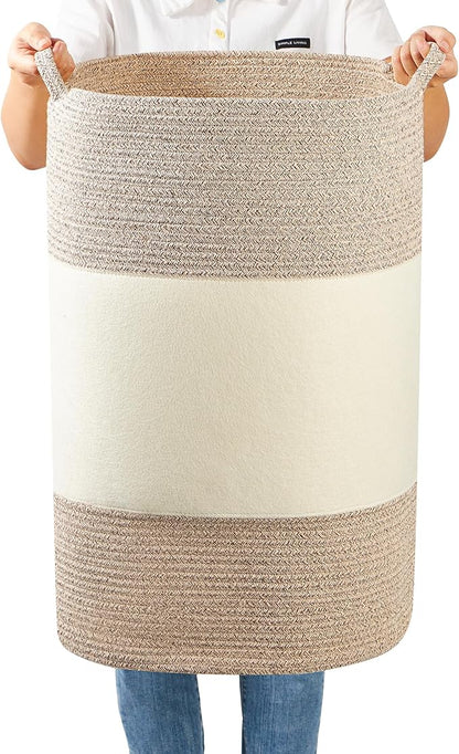 90L Jumbo Woven Laundry Hamper,17" x 17" x 24" Extra Large Laundry Basket for Blanket Storage,Tall Baby Nursery Hamper for Toys in Bedroom,Living Room Brown&White