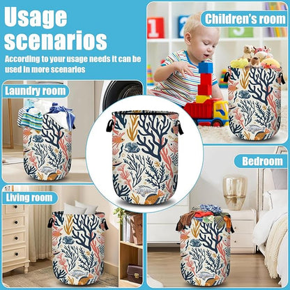 Corals and Tropical Fish Laundry Basket, Laundry Hamper Collapsible Oxford Cloth with Handle Clothes Toy Storage Bin for Bathroom Laundry Room Bedroom 15.7 X 20 Inch