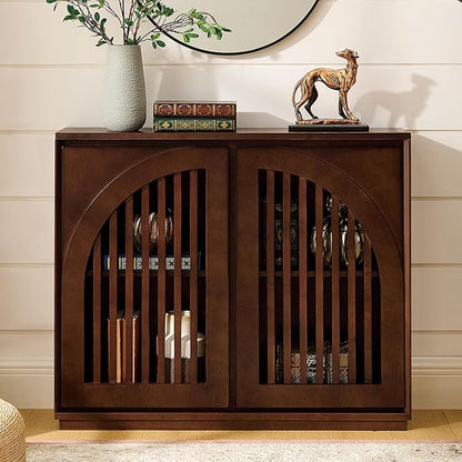 LKTART Arch Doors Sideboard Buffet Storage Cabinet,Mid Century Modern Storage Cabinet with Shelves,Wood Coffee Bar for Living Room, Kitchen, Hallway-Dark Walnut