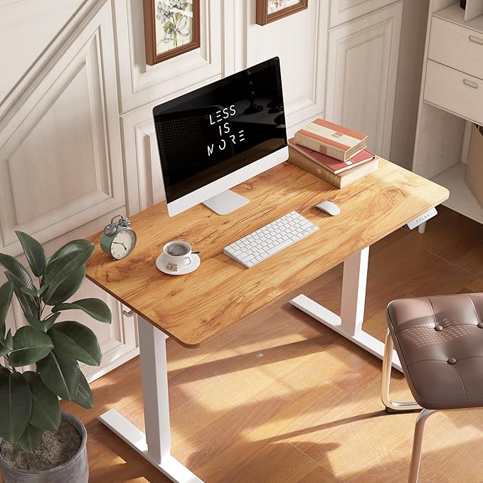 FEZIBO One-Piece Standing Desk Adjustable Height Stand up Home Office Desk, 48x24 Inch Electric Standing Computer Desk, with 4 Memory Presets, Headphone Hook, Light Rustic