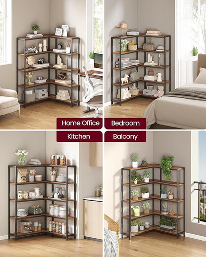 VASAGLE 5 Tier Bookshelf with Metal Frame, Convertible Industrial Corner Shelf, 9.4 x 52.8 x 55.9 Inches, for Living Room, Bedroom, Home Office, Rustic Brown and Ink Black ULLS815KD01