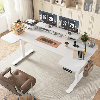 EnHomee 71 Inch Standing Desk Adjustable Electric with Monitor Stand, Computer Desk with Power Strip, Memory Height Home Office Desk for Home and Study Room, White