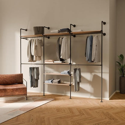 pamo Industrial Pipe Clothing Rack with Shelf – Wall Mounted Black Closet System in Powder-Coated Steel – 116.54" W × 87.4" H – Easy Setup – Ideal for Walk-In Closets & Retail Use