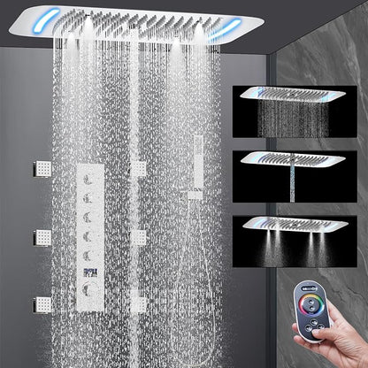 AYIVG Chrome 16 x 26 Inch Ceiling Mount Thermostatic Rainfall Shower System 64 Color LED Control Rainfall Shower Head Handheld With Body Jet Shower Faucet Set Temperature Display Shower System