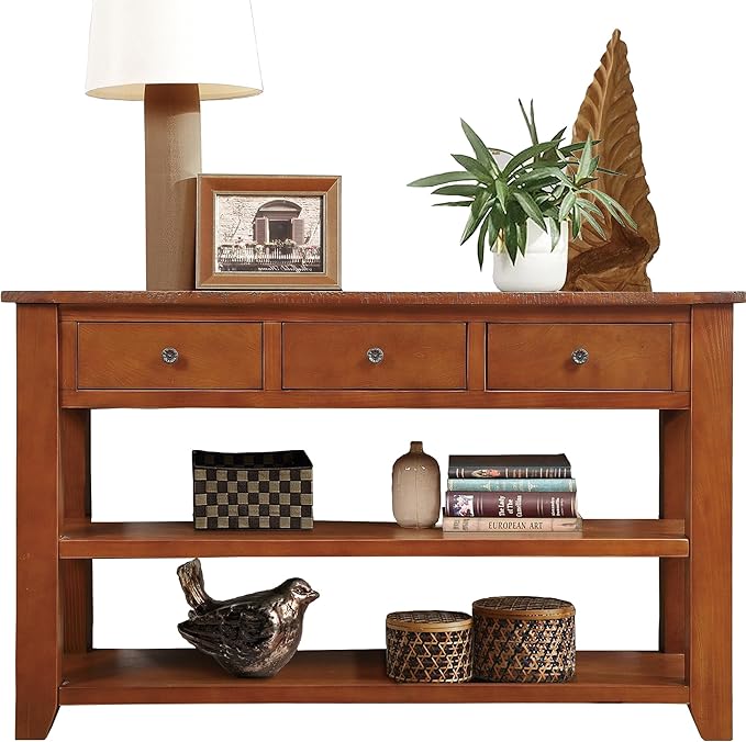 LKTART Solid Wood Console Table Entryway Table with Storage Drawers and Bottom Shelf Sofa Table for Entry Hallway Foyer Sofa Couch Table,Easy Assembly (48.8" Brown)