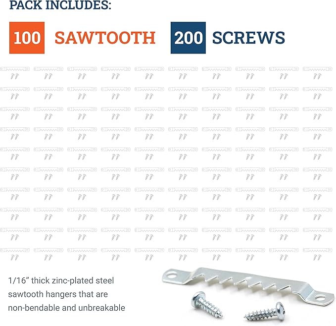PHS Large Sawtooth Picture Hangers for Frames - 100 Pack Frame Hanging Hardware with Screws - Supports up to 10 lbs - Canvas Hangers for Walls - Picture Frame Hanger for Hanging Artwork