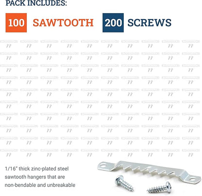 PHS Large Sawtooth Picture Hangers for Frames - 100 Pack Frame Hanging Hardware with Screws - Supports up to 10 lbs - Canvas Hangers for Walls - Picture Frame Hanger for Hanging Artwork