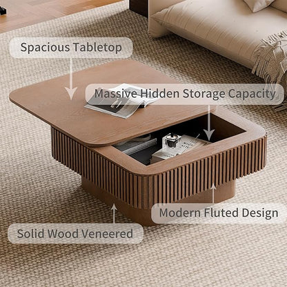 Square Coffee Table for Living Room,Fluted Drum Accent Tea Center Table with Storage,Solid Wood Modern Coffee Tables for Small Space Office Apartment (31.5" L×31.5''W×14''H-Walnut)