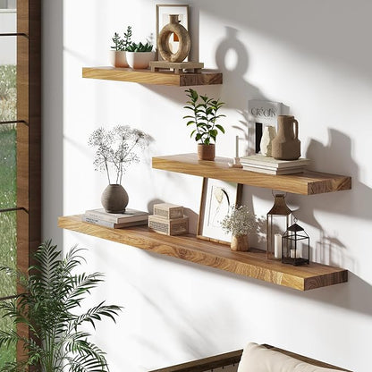 Wood Floating Shelves 36 Inch Long, Rustic Solid Elm Wood Shelves for Home Decor, 8 Inch Deep Wall Shelf with Invisible Bracket for Living Room Bathroom Bedroom Kitchen, Natural Color, Set of 2