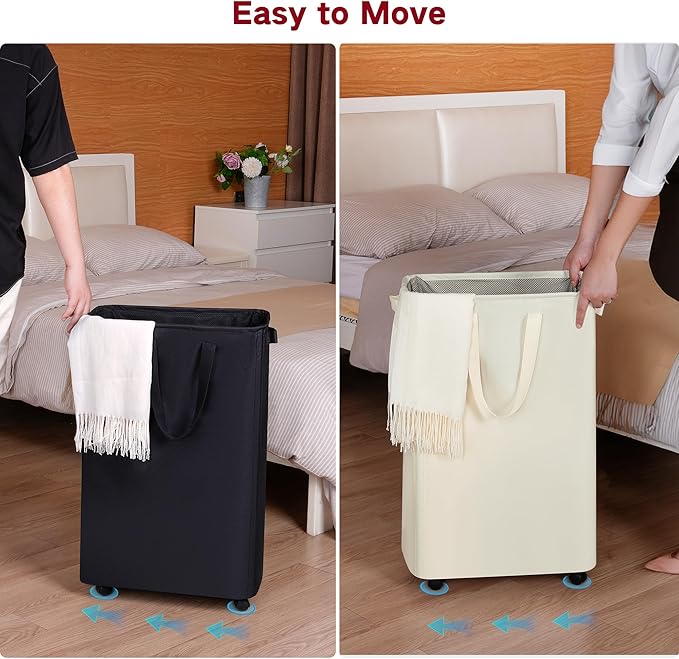 efluky Slim Laundry Hamper with Wheels, Rolling Laundry Basket for Clothes, Small Laundry Basket for Bedroom, Dorm and Laundry Room, 75L (19.8 Gallons) Grey