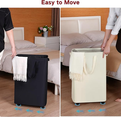 Slim Laundry Hamper with Wheels, Rolling Laundry Basket for Clothes, Small Laundry Basket for Bedroom, Dorm and Laundry Room, 75L (19.8 Gallons) Beige