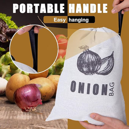 Potato Onion Garlic Storage Bag, Fabric Onion and Potatoes Storage Bag, Washable Garlic Potatoes Onions Keeper with Drawstring, 3 Pack (Garlic Onion Potato Bag)