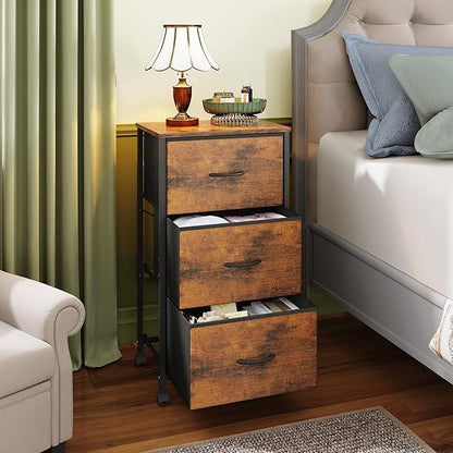 WLIVE Dresser with 3 Drawers, Fabric Nightstand, Cabinet with Wheels, Organizer Storage Dresser for Bedroom, Office, Closets, Sturdy Steel Frame, Easy Pull Handle, Rustic Brown Wood Grain Print