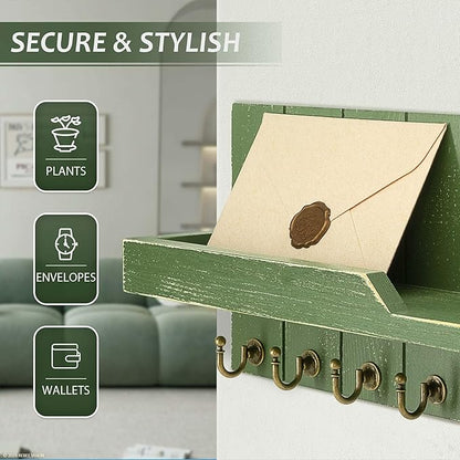 Farmhouse Pine Wood Key Holder Wall Mount - Key Holder for Wall with Floating Shelf Put Mail and Perfume - Rustic Key Hanger for Room Decor Aesthetic and Apartment Essentials (Green,15-inch)