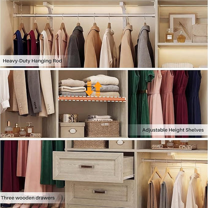 8FT Closet System with 3 Curved Drawers, 96'' Wooden Walk-in Closet Organizer with 3 Top Shelves, Adjustable Organizer System with 3 Hanging Rods, Built-in Wardrobe Storage Rack for 4-8 ft, White Oak