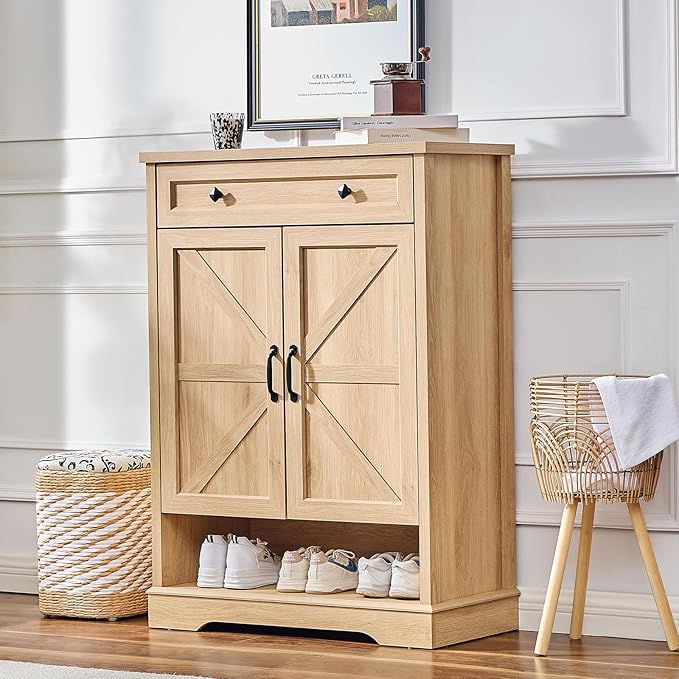 SOOWERY Shoe Cabinet with Drawer, Farmhouse Shoe Storage Cabinet with Doors, 5 Tiers Narrow Shoe Organizer for Entryway, Foyer, Hallway, Natural Oak