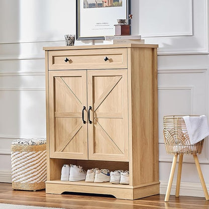 SOOWERY Shoe Cabinet with Drawer, Farmhouse Shoe Storage Cabinet with Doors, 5 Tiers Narrow Shoe Organizer for Entryway, Foyer, Hallway, Natural Oak