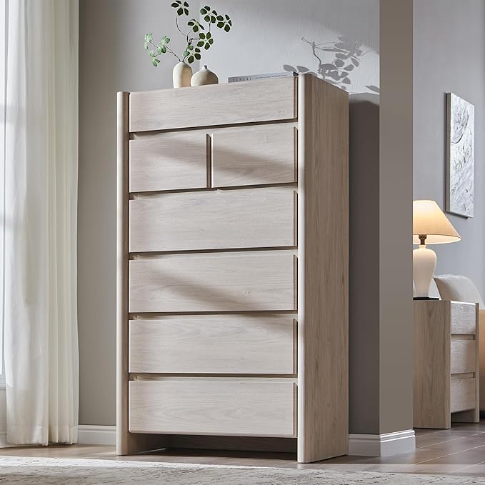 Modern 7 Drawers Dresser for Bedroom, 54.7" Tall Large Dresser & Chests of Drawers w/Rounded Corner, Wood Handleless Organizer Dresser w/Natural Texture for Bedroom, Living Room-Cream