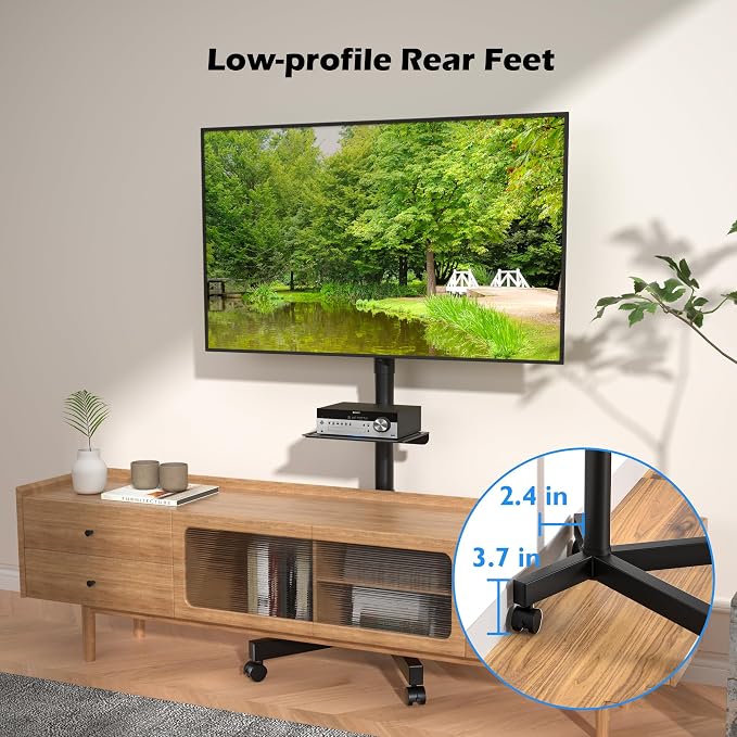 BONTEC Rolling TV Stand with Tilt, Mobile TV Stand Wheels for 23–65 Inch LED LCD TVs, Portable TV Cart with Adjustable Shelf for Living Room, Bedroom, Outdoor TV Stand Holds 88 lbs, Max VESA 400x400mm