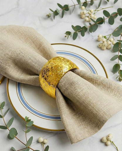 Gold Napkin Rings Set of 12,Gold Metal Napkin Holder for Table,Embossed Floral Pattern,Metal Serviette Rings for Dining Table Setting, Holiday Parties, Banquets & Gift Idea (12PCS)