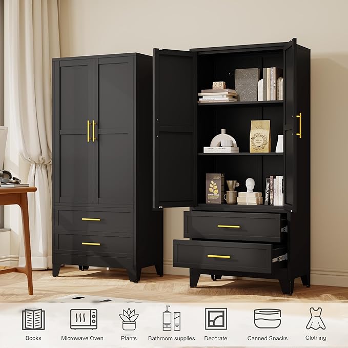 Steel Pantry Cabinet, 71" Metal Storage Cabinets with 2 Doors, 2 Adjustable Shelf and 2 Drawers, Freestanding Storage Cabinet for Bedroom, Kitchen, Home Office (Black)