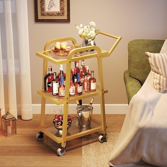 3 Tier Bar Cart, Home Bar Serving Cart, Rolling Bar Cart with Wheels, Mobile Drink Cart, for Kitchen, Garden, Party, Gold BC07GD