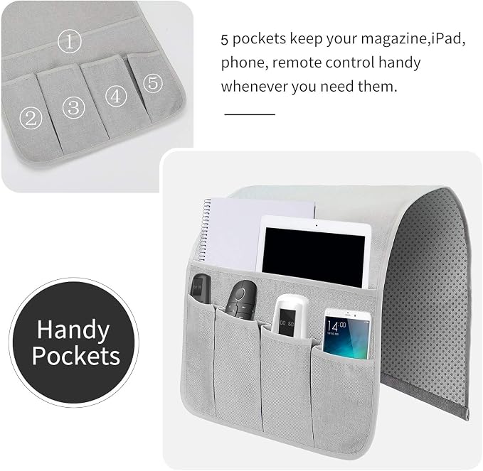 Sofa Armrest Organizer, Remote Control Holder for Recliner Couch, Arm Chair Caddy with 6 Pockets for Magazine, Tablet, Phone, iPad (Silver Gray, W13'' x L33'')