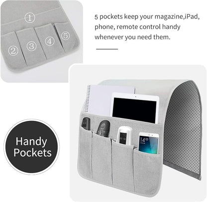 Sofa Armrest Organizer, Remote Control Holder for Recliner Couch, Arm Chair Caddy with 6 Pockets for Magazine, Tablet, Phone, iPad (Silver Gray, W13'' x L33'')