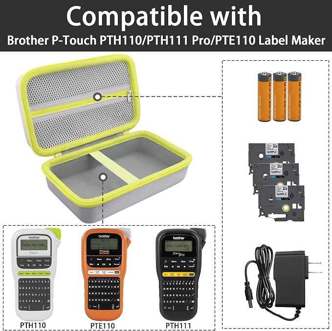 Label Printer Case Compatible with Brother P-Touch PTH110BP/PTH110/PTH111 Pro Label Maker(Gray Case,Green Zipper)