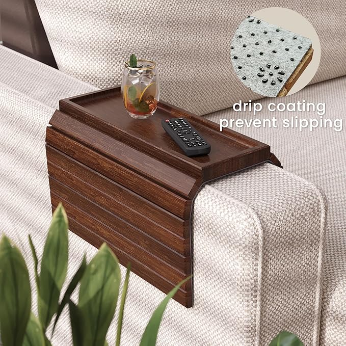 Sofa Arm Tray,Bamboo Folding Couch Arm Tray,Sofa Armrest Tray with Anti-Slip Pad for Drinks,Snacks,Phone,Remote Control（Brown）