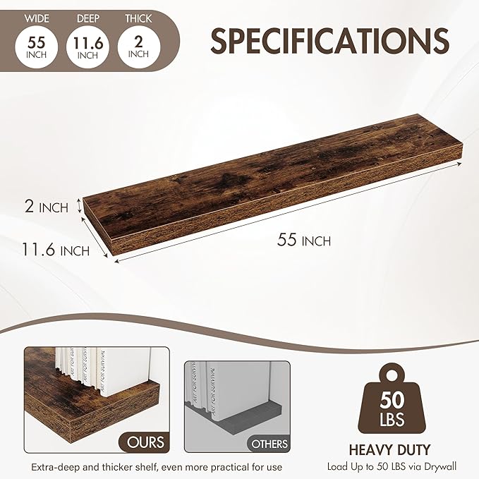 Acovy 55 Inch Floating Shelves, 12" Deep Floating Shelf Wall Mounted, 55" Wall Shelves, Rustic Deep Bookshelf, Extra Deeper & Thicker Display Shelves for Bedroom, Living Room, Brown, Set of 2