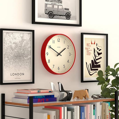JONES CLOCKS® Studio wall Clock | Modern Round Style | 12 inch | Red | Easy to Read Numbers | Versatile Design for Kitchen, Living Room or Office