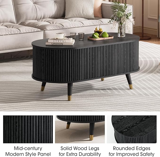 SULIVES Oval Coffee Table with Storage, Multifunctional Coffee Table with Lifting Top, Small Fluted Center Table for Living Room, Black