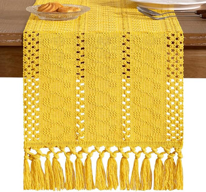 Socomi Boho Table Runner Valentine's Day Farmhouse Rustic Dining Kitchen Centerpiece Decor Small Macrame Woven Cotton Linen Coffee Table Runner for Dresser Scarf Home Decor 12x48 in Yellow Gold