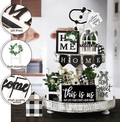 Set of 11 Home Tiered Tray Decor This is us Rustic Farmhouse Tiered Tray Decorations Set Home Wooden Signs Vintage Farm Animal Farmhouse Tabletop Wood Signs for Kitchen Table Shelf Decor