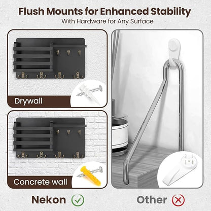 Nekon Mail Holder for Wall Mail Organizer with Key Hooks Hallway Farmhouse Decor Storage Racks with Floating Shelf and Flush Mount Hardware (16.8Inch x 10Inch x 3.2Inch)