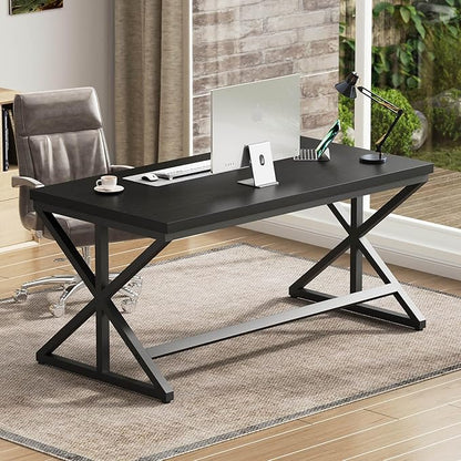 IBF 55 Inch Black Home Office Desks, Modern Computer Desk for Writing Study, Wood Metal Simple Gaming Work Table for Bedroom, Industrial Wooden Pc Workstation Executive Desk, Black Oak