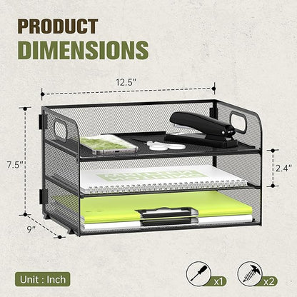 DALTACK 3 Tier Paper Organizer with Handle, Mesh Metal Desk Organizer with Sliding Paper Trays for Letter/A4 Paper, Mail, Bills & Folders, Black