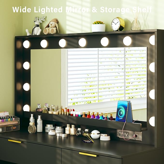 Vanity Desk with Mirror and Lights, 39.3in Makeup Vanity Desk with 5 Storage Drawers & Power Outlet, Vanity with Large Mirror, 3 Color Lights Adjustable for Bedroom, Black
