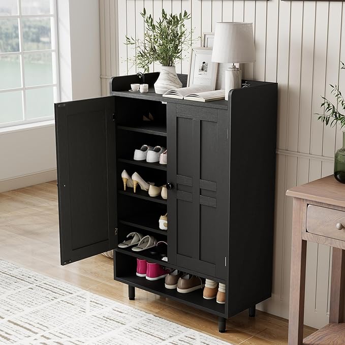 Farmhouse Shoe Cabinet with Doors, 6-Tier Wooden Shoe Organizer with Adjustable Shelves, Entryway Storage Cabinet with Metal Legs, Rustic Shoe Storage for Entryway or Living Room (Black)