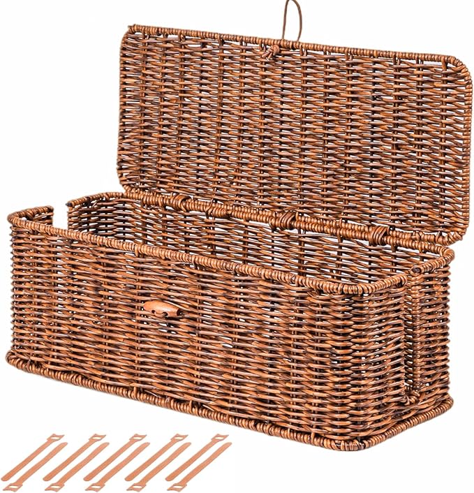 BROWNLILY Cable Management Box, Rattan Style Cord Organizer for Desk Cord Hider Outlet Covers for Power Strip TV PC Router Charger Under Desk Storage with Lockable Lid and Cable Ties